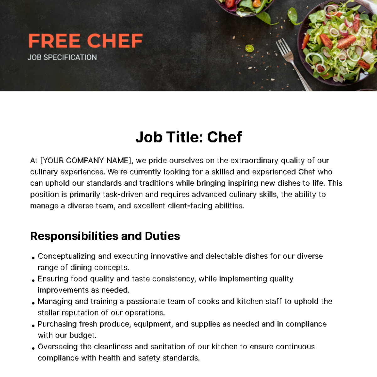 Free Chef Job Specification Template to Edit Online