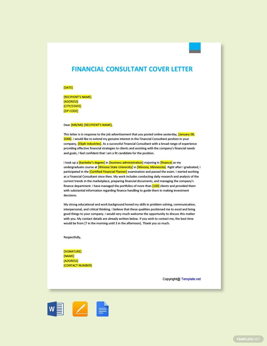 Financial Consultant Cover Letter Template