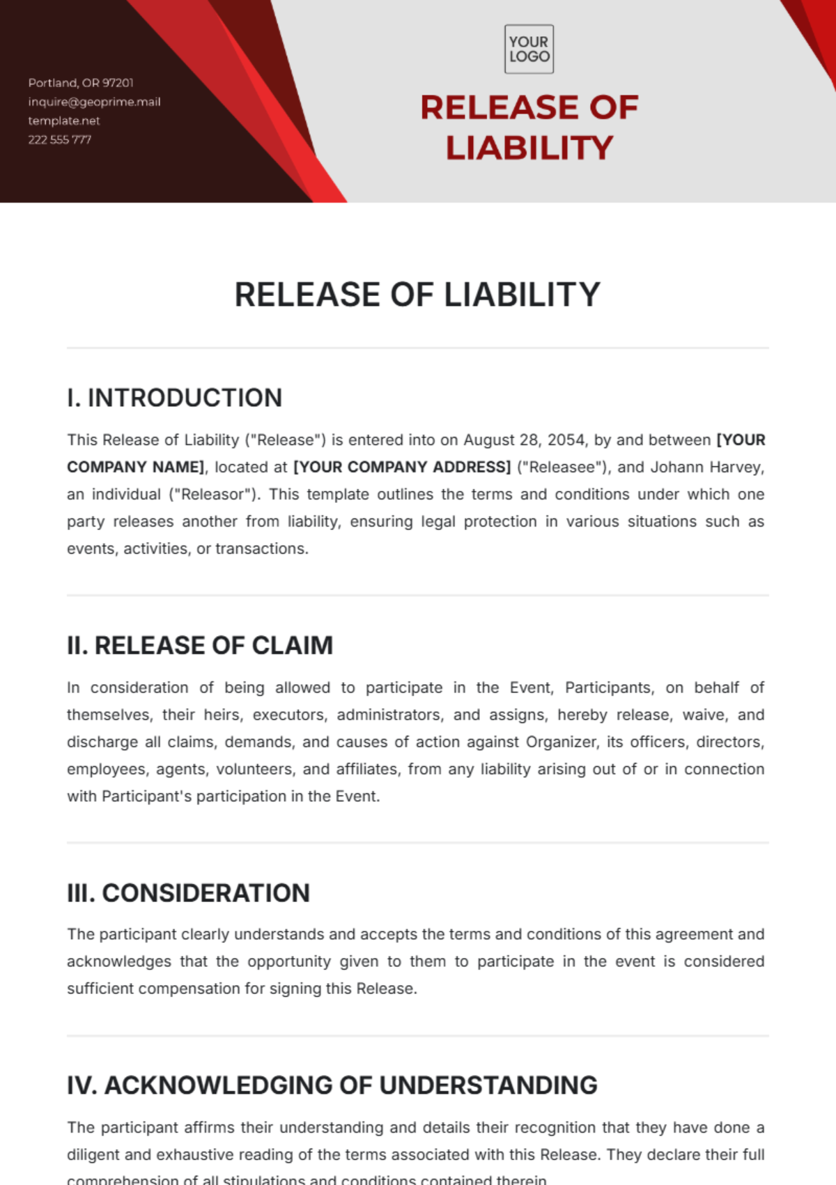 Free Release of Liability Template to Edit Online