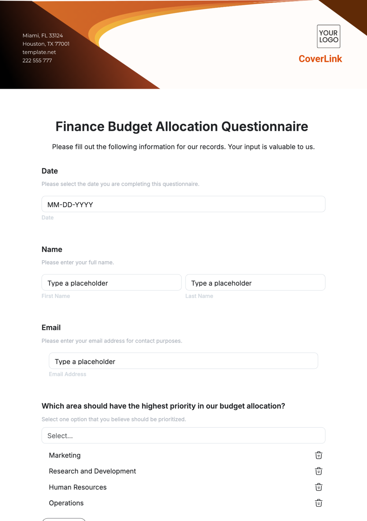 Free Finance Budget Allocation Questionnaire Template to Edit Online | Template.net