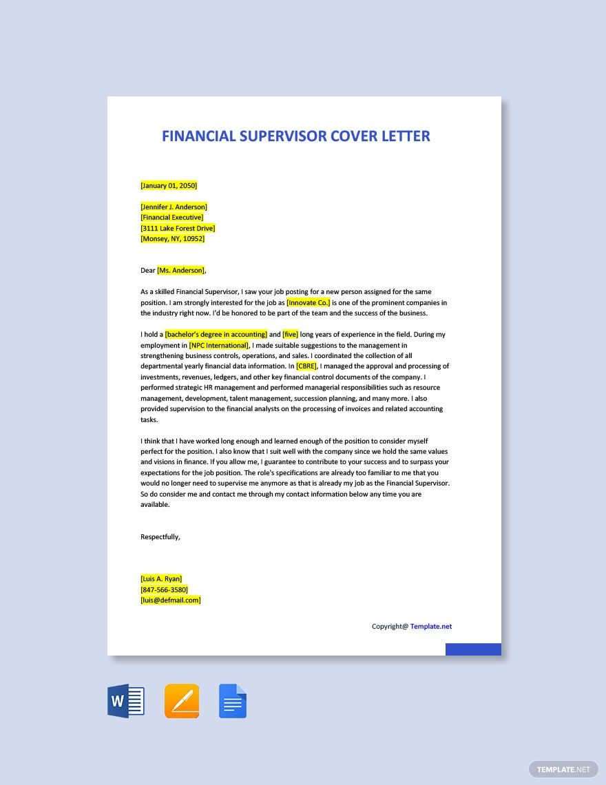 Financial Supervisor Cover Letter
