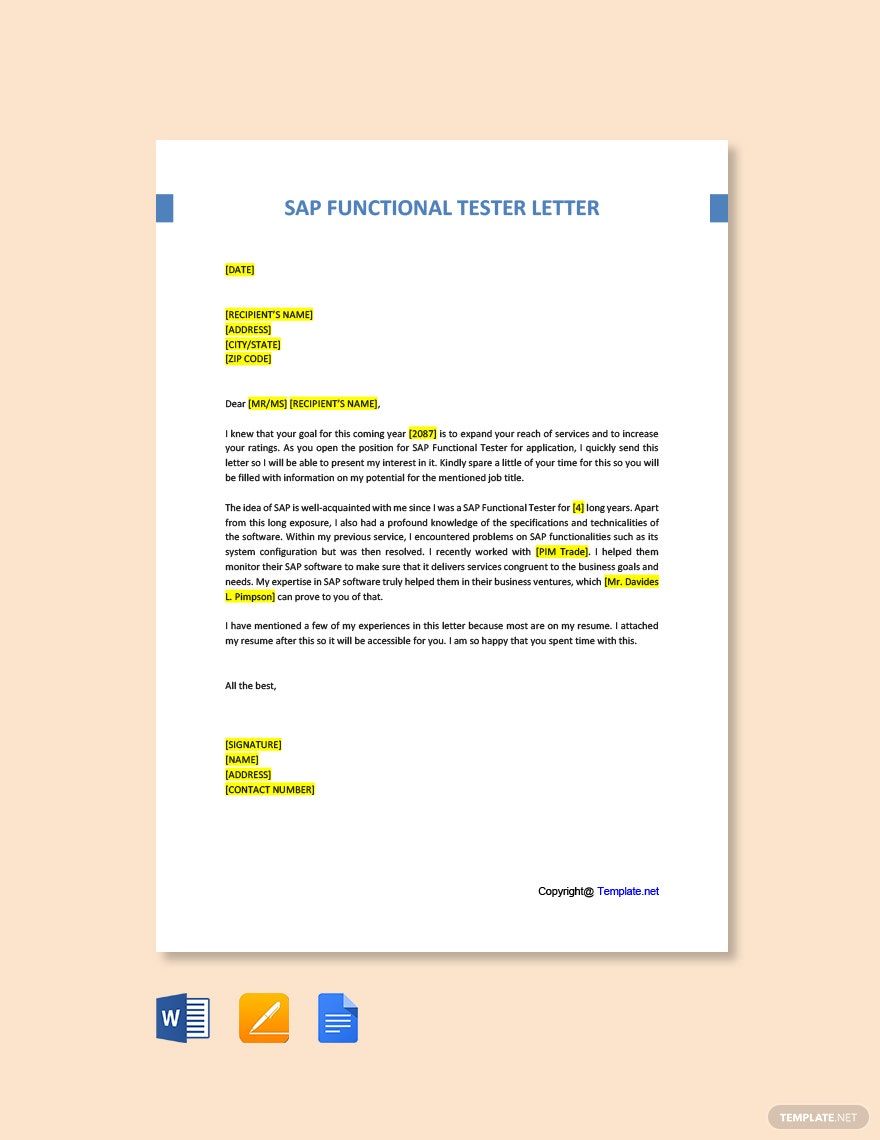 SAP Functional Tester Cover Letter in Word, Google Docs, Pages, PDF - Download | Template.net