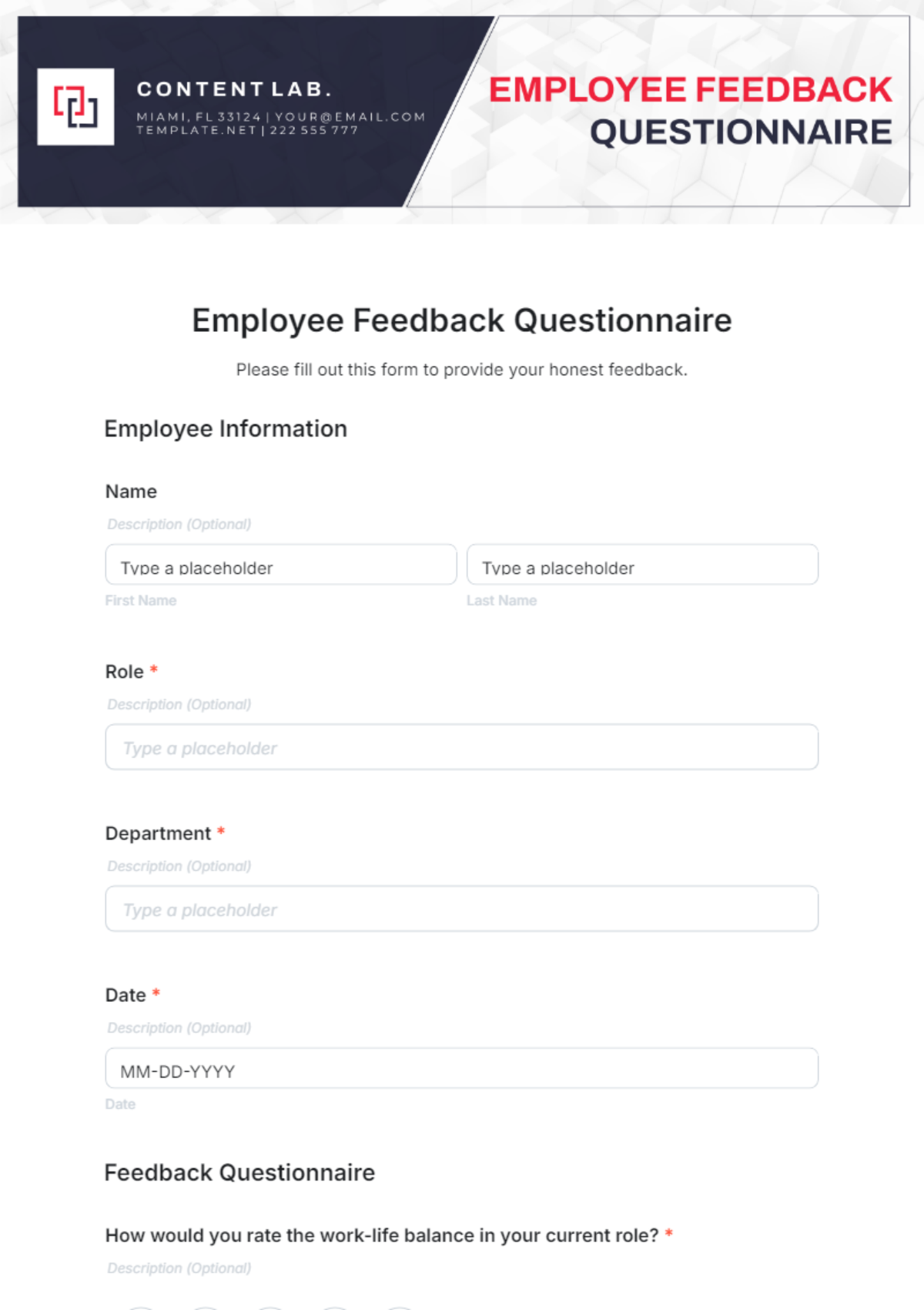Free Employee Feedback Questionnaire Template to Edit Online