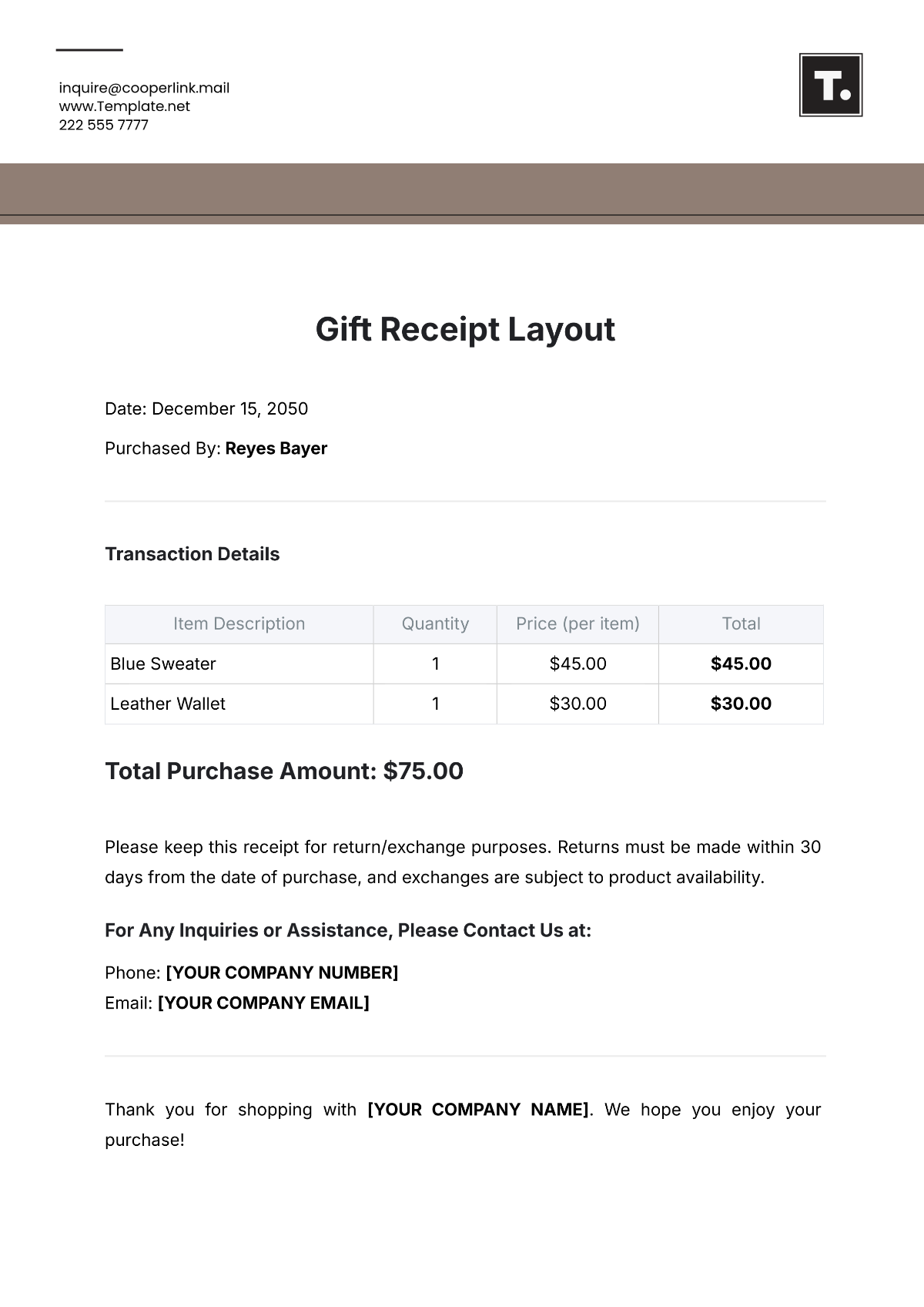 Free Gift Receipt Layout Template to Edit Online