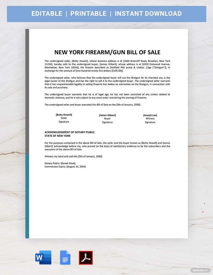 New York Firearm / Gun Bill of Sale Template