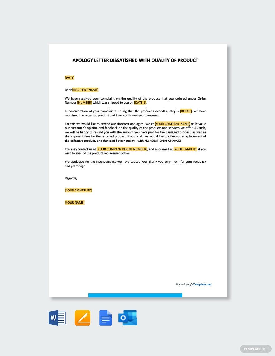 Editale Apology Letter Dissatisfied with Quality of Product