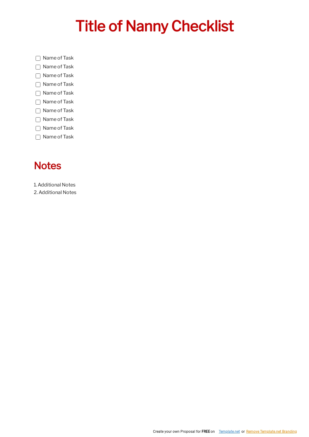 Blank Nanny Checklist Template
